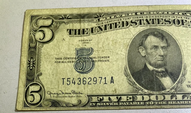 U. S. 5.00 Silver Certificate Note Series 1934 - D  Blue Seal  T54362971 A 3