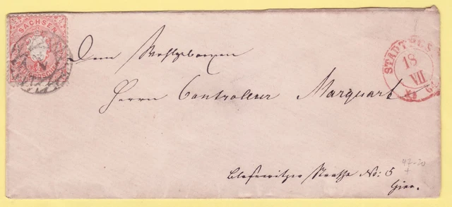 !! AD Sachsen MiNr 15 BRIEF , Stempel STADTPOST in ROT , DEKORATIV !!