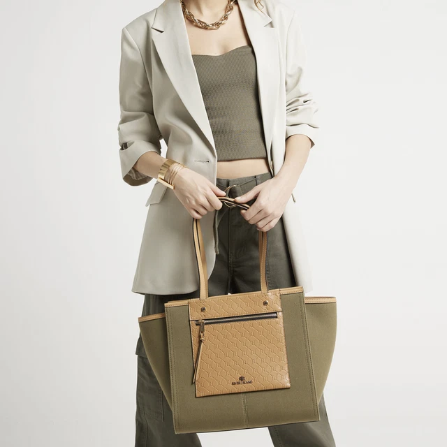 RIVER ISLAND WOMENS Shopper Bag Khaki Canvas Fabric Embossed RI Zip Fastening 22.50 PicClick UK