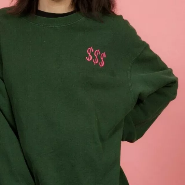 Reworked vintage faded green & pink $$$ embroidered sweatshirt jersey 2