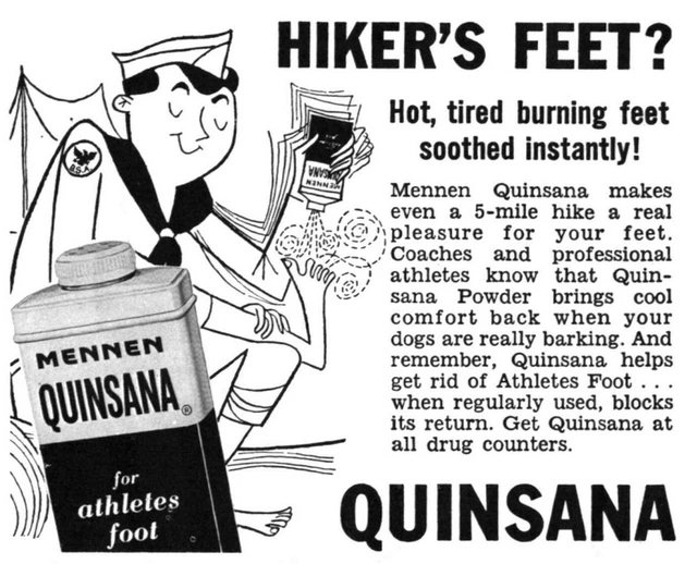1950'S PRINT Ad Boy Scout Mennen Quinsana Hikers Burning Feet Athletes