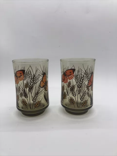 Vintage Libbey Monarch Butterfly Wheat Tawny Garden Juice Glasses Set Of 2