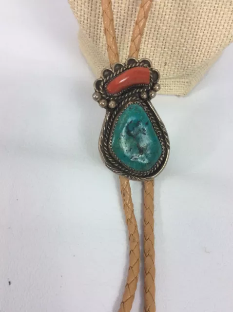 Beautiful old pawn Native American Navajo Silver turquoise Coral Bolo Tie