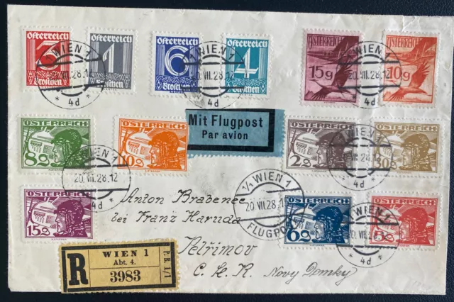 1928 Vienna Austria Airmail Registered Cover To Pelrimou Czechoslovakia