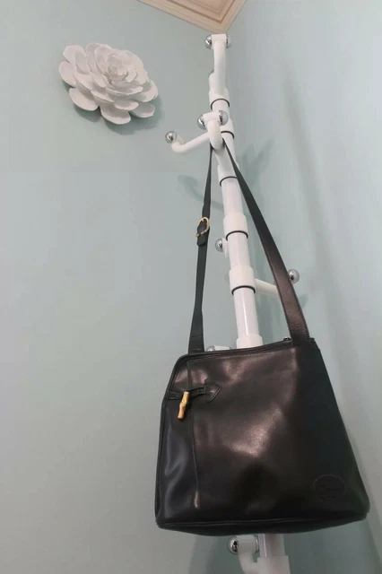 Vintage Longchamp Roseau France Leather Hand Bag Shoulder Black Gold Trim