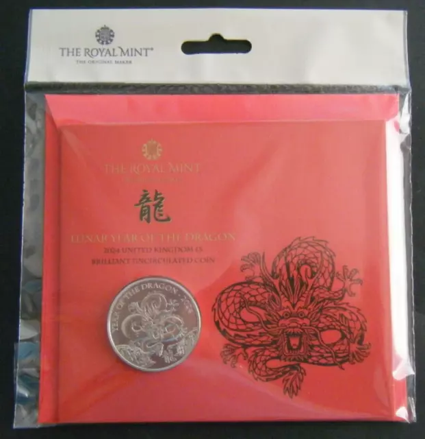 2024 Lunar Year of the Dragon UK £5 BU Coin in Royal Mint Sealed Pack - in stock