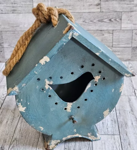 Decorative Blue Metal Distressed Birdhouse Country Bird Teal Decor 10"