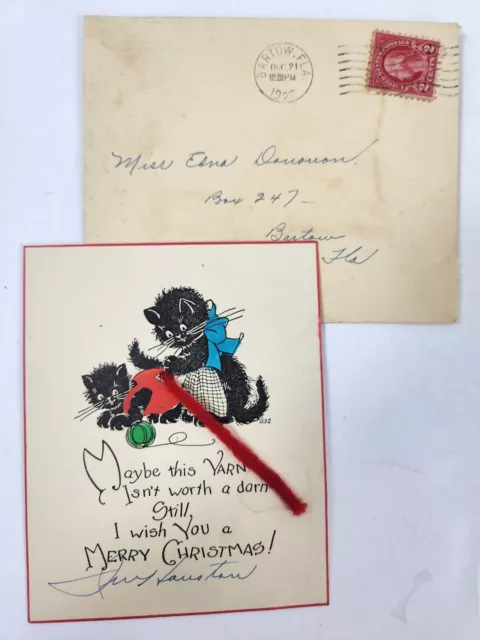 Vintage Christmas greeting card 1920s anthropomorphic cat kitten kitchen sewing