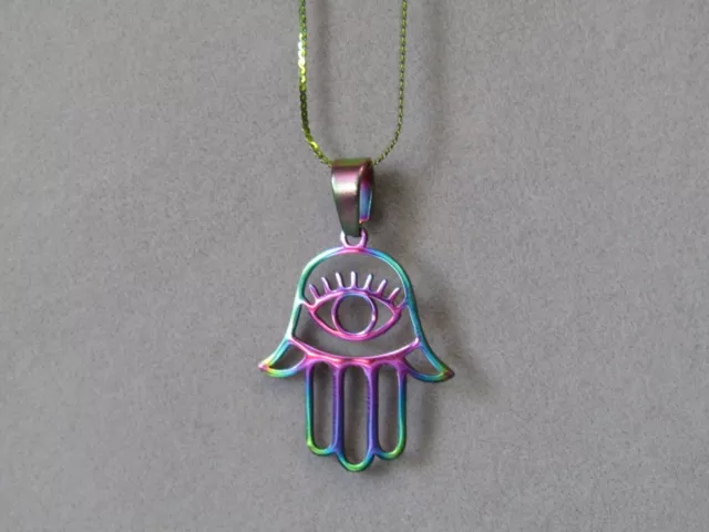 Rainbow Plated Hamsa Hand / Hand of Miriam Laser Cut Pendant & Necklace Summer! Rainbow Plated Hamsa Hand / Hand of Miriam Laser Cut Pendant & Necklace Summer!