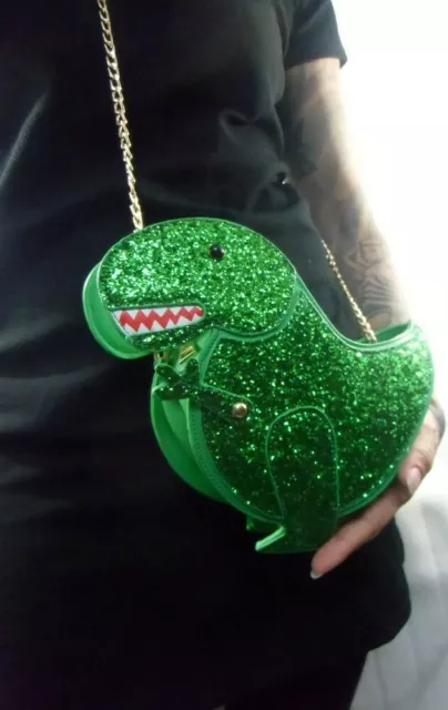 Sac à main original forme dinosaure dino t-rex vert paillettes déjanté