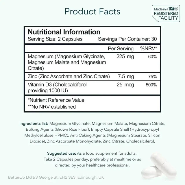 Vit Cap Italian BETTERVITS MAGNESIUM GLYCINATE Complex Citrate, Zinc & Vitamin-D3 60 ...