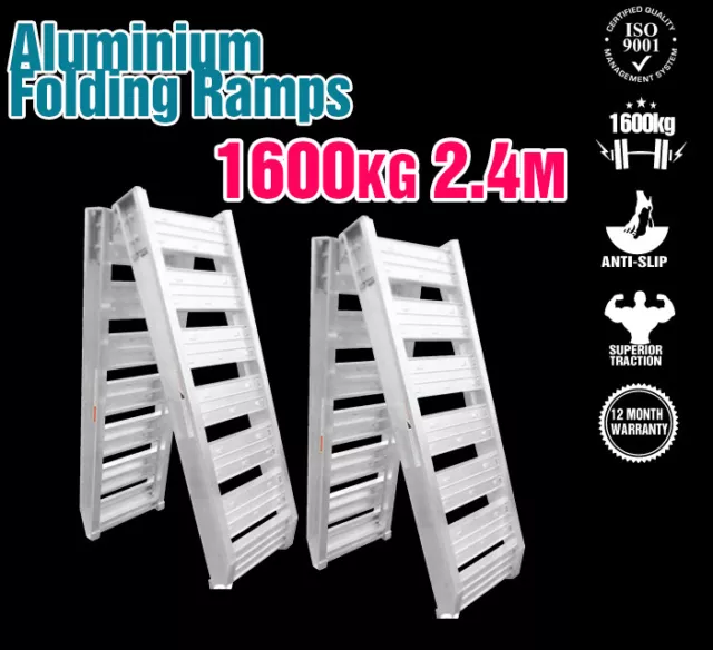 2 x Aluminium Loading Ramps Pair Folding 2.4M 1600KG Heavy Duty Mower ATV Dingo