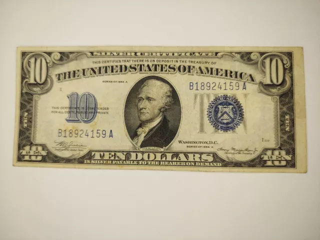 1934 A US Mint $10 Dollar Blue Seal Silver Certificate Paper Note