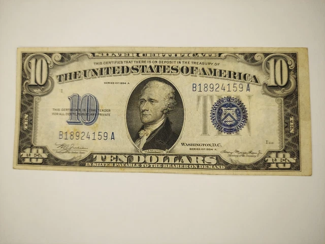 1934 A US Mint $10 Dollar Blue Seal Silver Certificate Paper Note