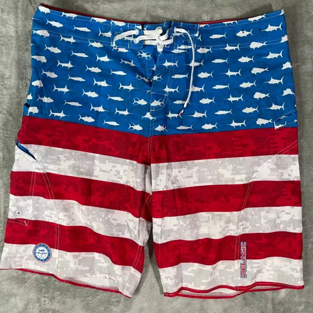 Pelagic Sharkskin Men's American Flag Board Shorts Size 38 Swim Fishing Beach