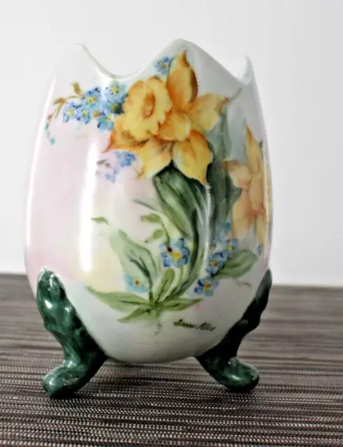 Egg Shaped Hand Painted 3 Footed Floral Design Porcelain Vase-Signed
