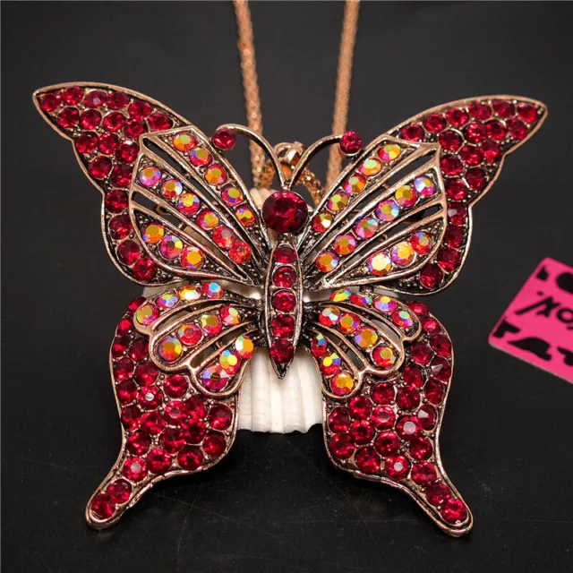 New Cute Red Rhinestone Butterfly Crystal Pendant Betsey Johnson Chain Necklace