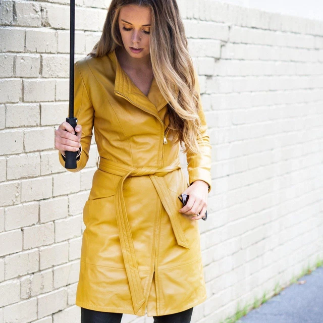 Authentic New Women's Yellow Leather Trench Coat Real Lambskin Custom Made Coat