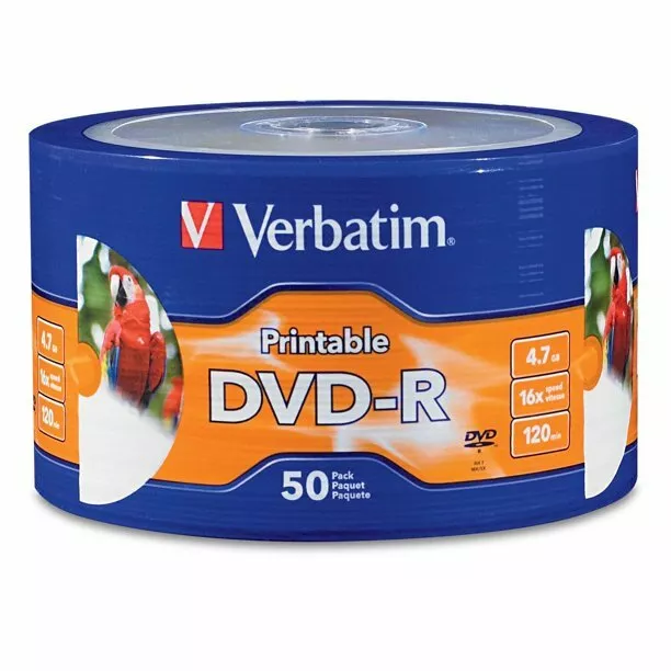 50 Pack Verbatim DVD-R White Inkjet Hub Printable 16X 4.7GB 120Min, #97167