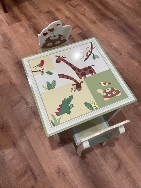 Kids Table and  2 Chairs Set Wooden Preschoolers Children's Kids Animals 2006