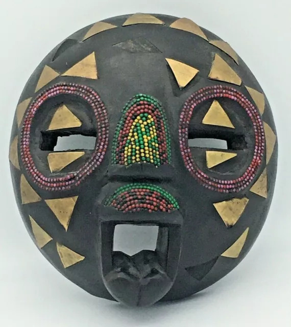 Ghana Carved Wood Mask Ceremonial Beaded w Brass Inlays African Tribal Art 9"