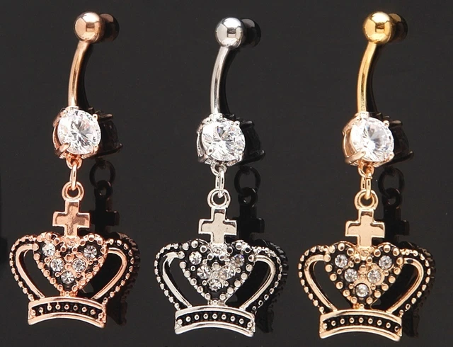 1) Single Dangle Belly Ring 14g 3/8" Gem Fancy Royal Crown Gemstone CZ Navel 181