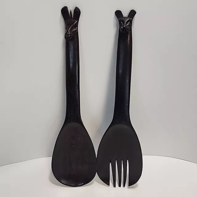 Hand Carved Wooden Llamas Salad Servers Spoon And Fork Set  12"