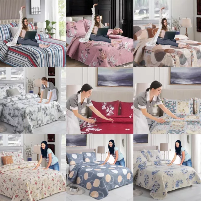 3PCs Printed Quilted Bedspread Bed Throw Patchwork Comforter with Pillow Shams