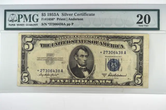 $5 1953-A Silver Certificate Star Note FR 1656 Priest/Anderson PMG 20 Very Fine