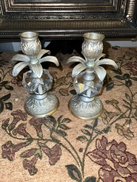 Pair Vintage Hollywood Regency Style Ornate cast metal Candlestick Holders