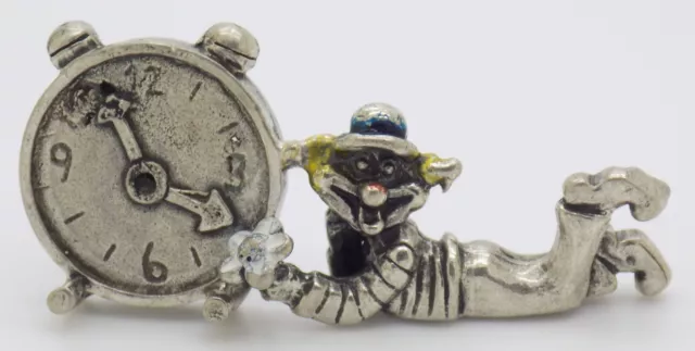 Vintage Italian Handmade Genuine Silver Clown with Clock Miniature Figurine