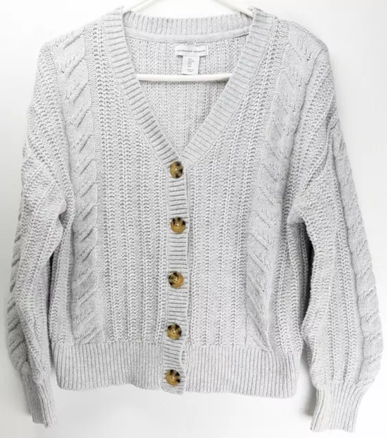 CUPCAKES & CASHMERE Womens Cable Knit Cardigan Button Sweater Gray L Cropped
