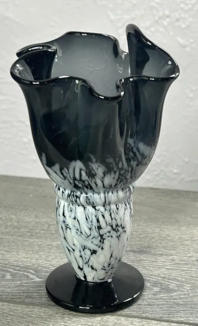Vintage Black & White 6” Ruffled Handkerchief Handmade Glass Vase Black & Grey