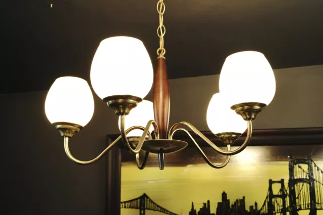 Mid Century Modern Wood Brass 5 Frosted Globe Chandelier Ceiling Light Fixture
