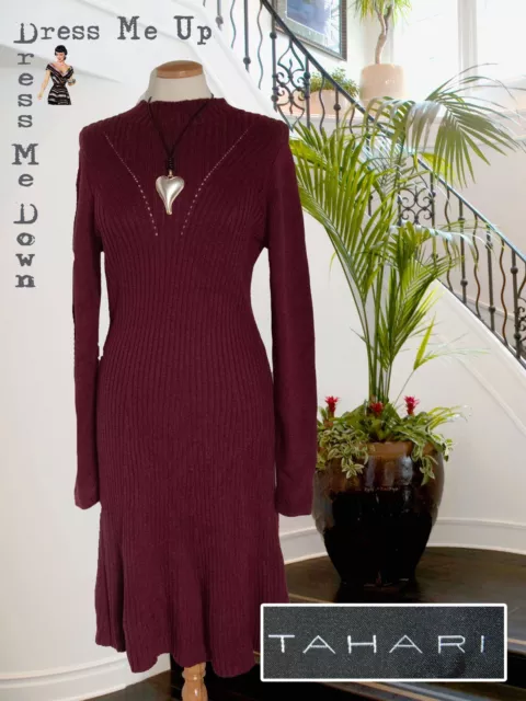 Bellissimo abito a costine Tahari lavorato a maglia bordeaux misto cotone lana taglia M NUOVO COME