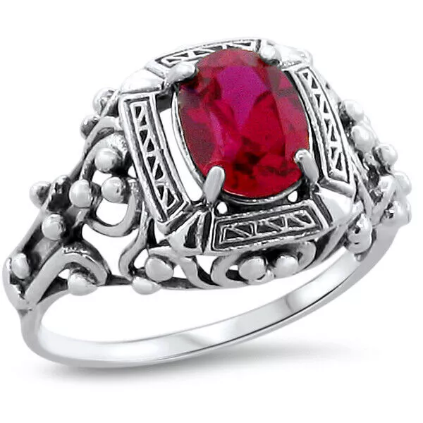 925 Sterling Silver Classic Style Victorian Design Lab-Created Ruby Ring    211X