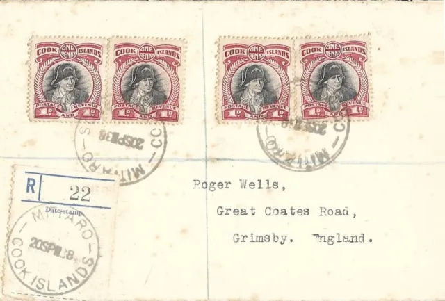 COOK ISLANDS : 1938 registered  cover to UK-MITIARO/COOK ISLANDS cancel