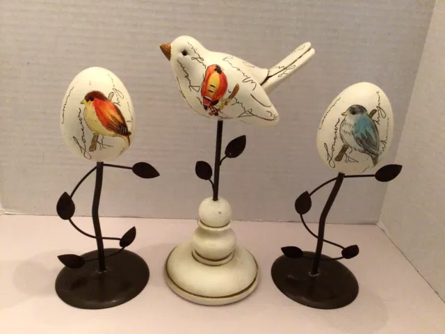 Bird Decor Set Of Three Pieces Wood And Metal Hand Painted 9 & 10” Tall Lovely