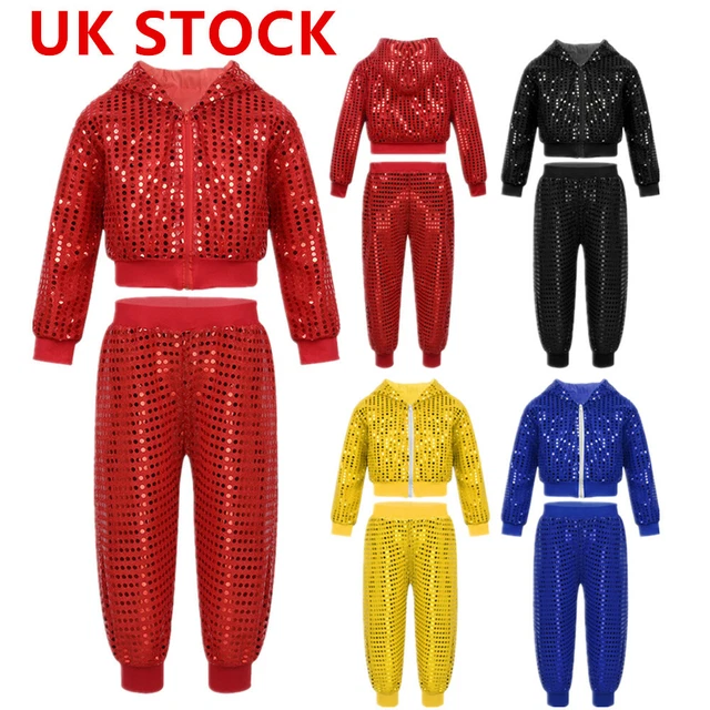 UK Kids Boys Girls Dancing Sequins Outfit Hooded Top Trousers Set Jazz Dancewear