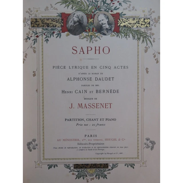 MASSENET Jules Sapho Opéra Dédicace Chant Piano 1897