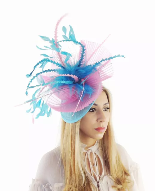 Turquoise Hot Pink Feather Kentucky Derby Fascinator Hat Wedding Fascinators