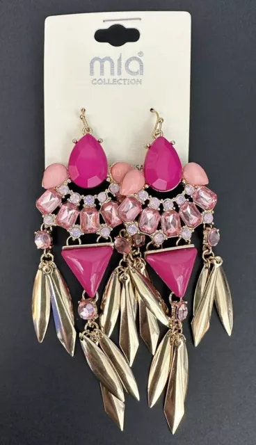 3.75" Big Pink Gold Tone Long Chandelier Earrings Rhinestone Glam Coquette NEW 3