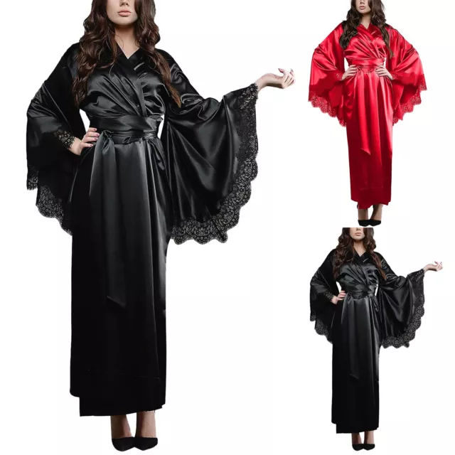 Womens Solid Satin Kimono Robe Long Bridesmaid Wedding Bath Robe W/Lace Trim US