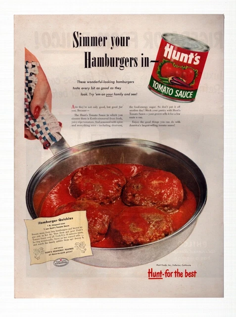 Vintage Print Ad 1940s Hunt's Tomato Sauce with Hamburger Quickies Recipe