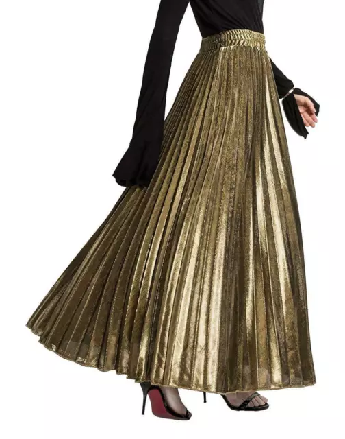 WOMEN'S PREMIUM METALLIC Shiny Shimmer Accordion Pleated Long Maxi Skirt  Gold $12.99 - PicClick