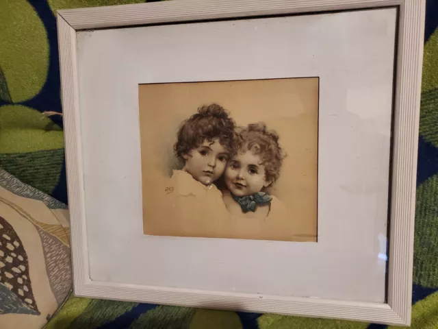 Victorian Framed Girls Lithograph Antique Signed HMB Art  Picture