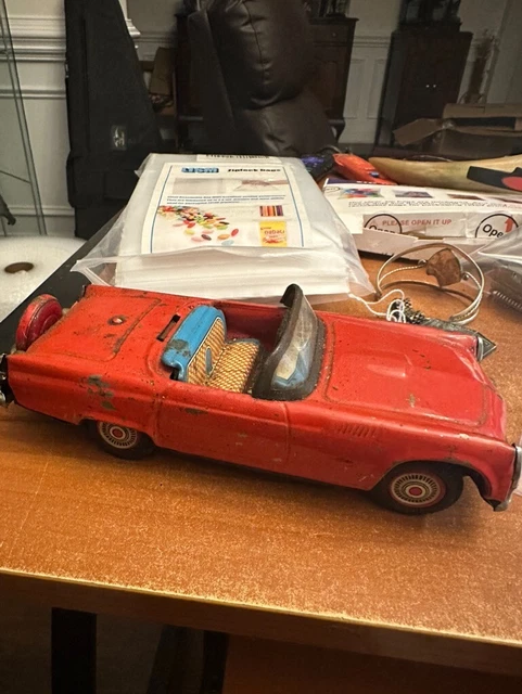 VINTAGE JAPAN LITHO tin car 7 inch red toy friction convertible $50.39