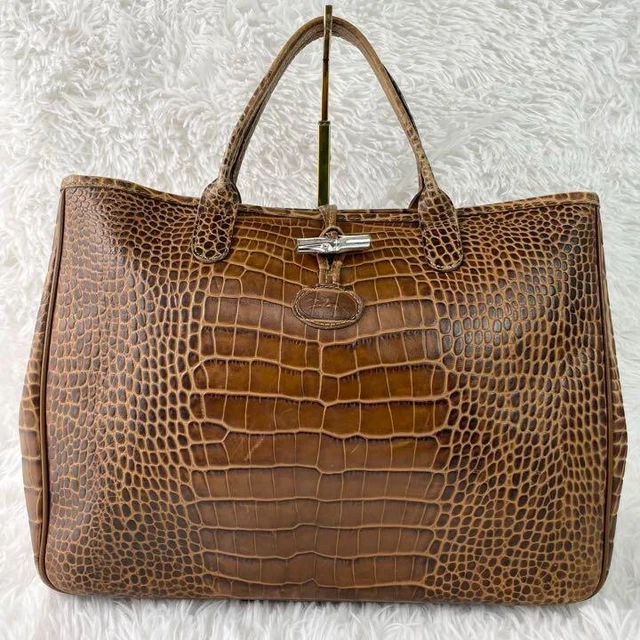 Longchamp ROSEAU Leather Handbag Tote Bag Croc Embossed Brown