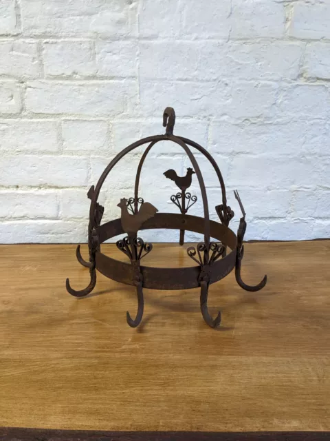 French 19th Century Wrought Iron and Metal Rooster Hanging Game / Pot Rack