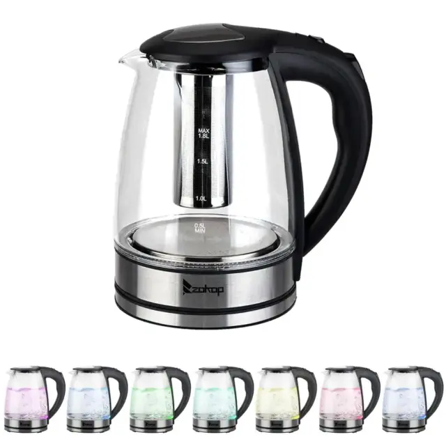 7.5-Cup Glass and Stainless Steel Electric Kettle Water Heater with 7-LED Lights